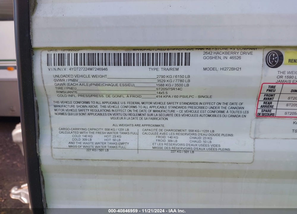 2021 KEYSTONE RV HIDEOUT TRAVEL TRAILER VIN: 4YDT27224M7246946