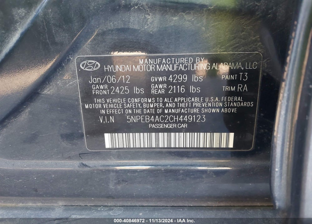 2012 HYUNDAI SONATA GLS VIN: 5NPEB4AC2CH449123