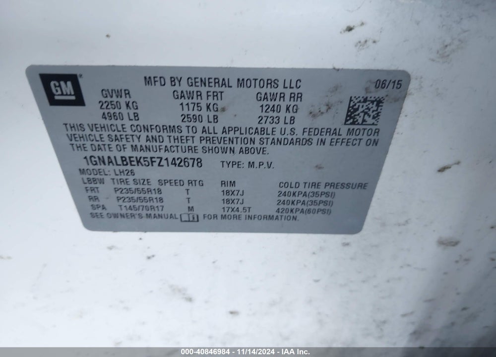 2015 CHEVROLET EQUINOX 1LT VIN: 1GNALBEK5FZ142678