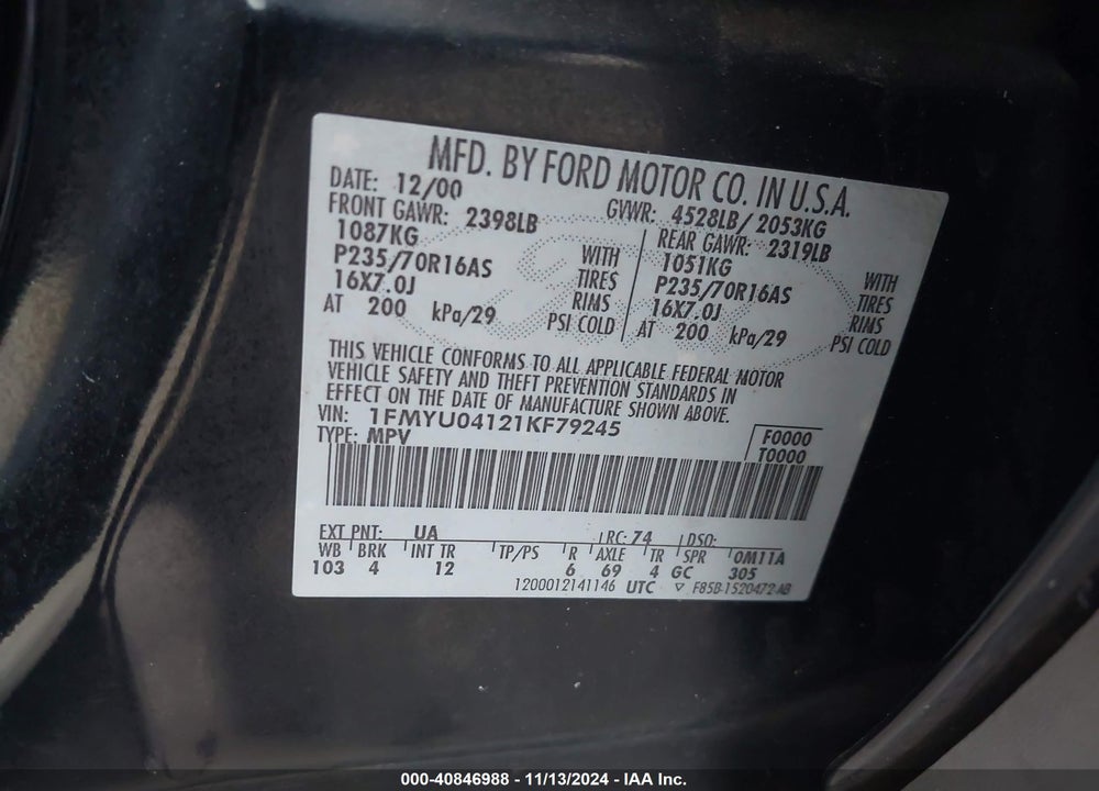 2001 FORD ESCAPE XLT VIN: 1FMYU04121KF79245