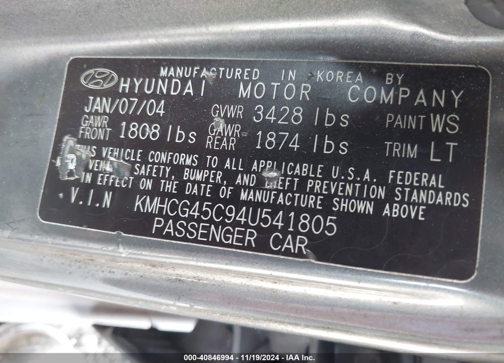 2004 HYUNDAI ACCENT GL VIN: KMHCG45C94U541805