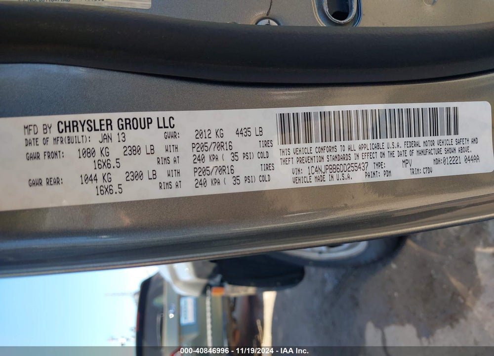 2013 JEEP PATRIOT SPORT VIN: 1C4NJPBB6DD255437
