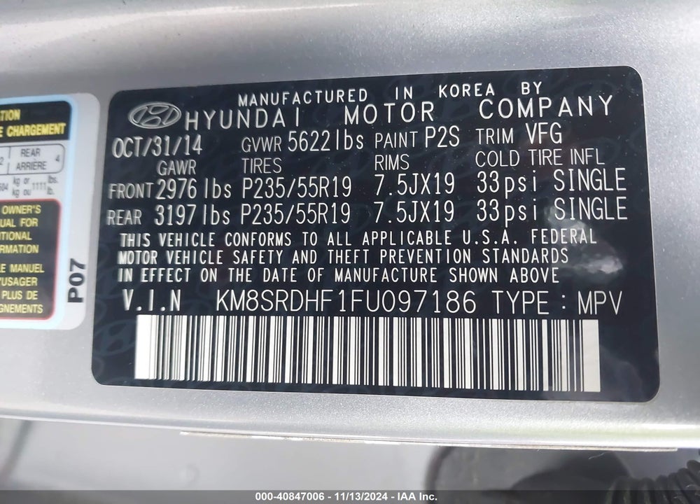 2015 HYUNDAI SANTA FE LIMITED VIN: KM8SRDHF1FU097186
