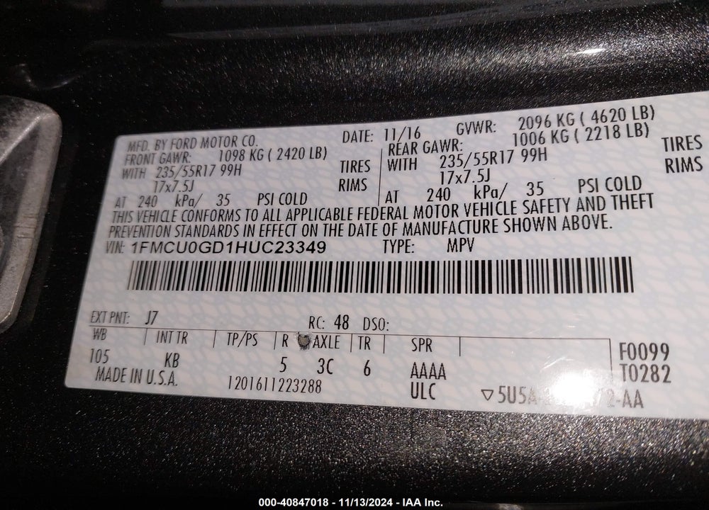 2017 FORD ESCAPE VIN: 1FMCU0GD1HUC23349