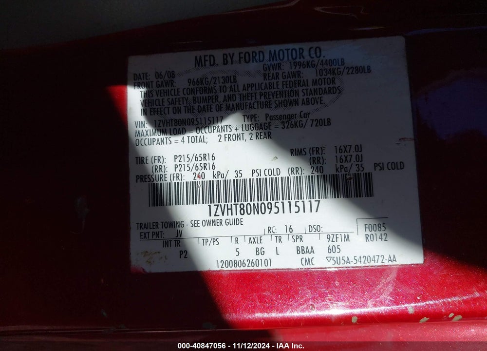 2009 FORD MUSTANG V6 VIN: 1ZVHT80N095115117