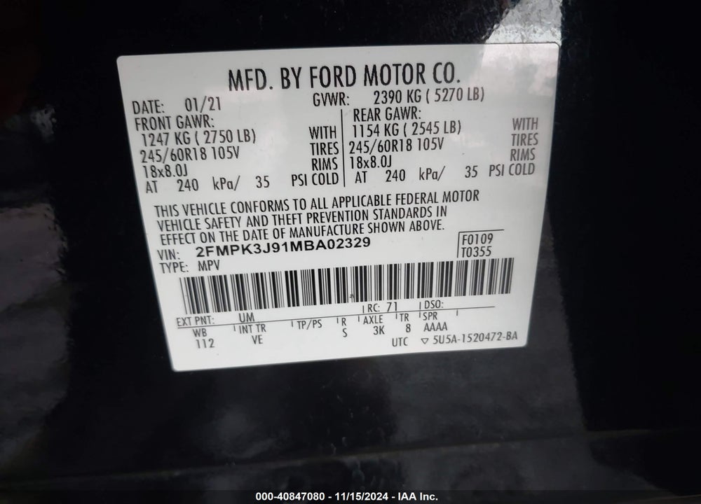2021 FORD EDGE SEL VIN: 2FMPK3J91MBA02329