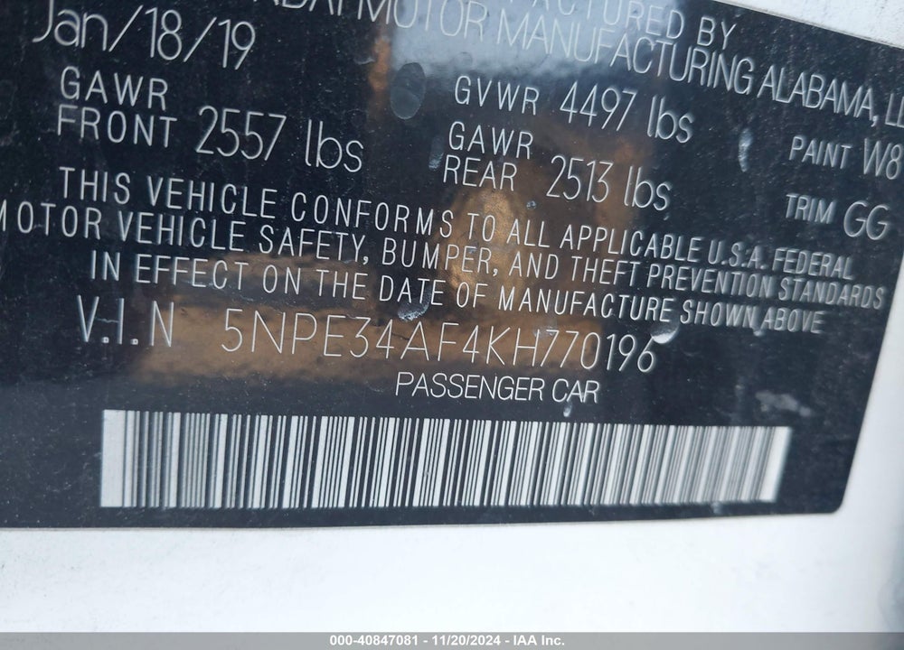 2019 HYUNDAI SONATA SEL VIN: 5NPE34AF4KH770196