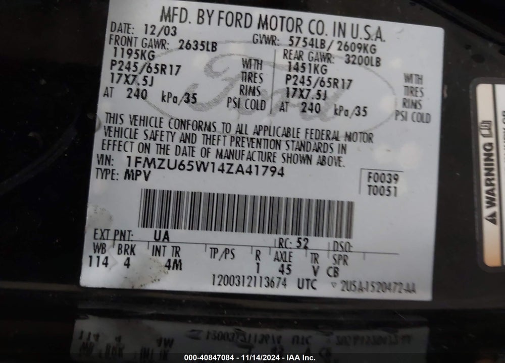 2004 FORD EXPLORER LIMITED VIN: 1FMZU65W14ZA41794