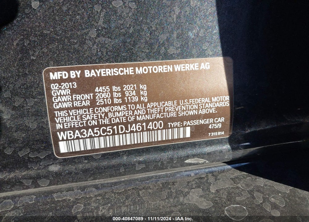 2013 BMW 328I VIN: WBA3A5C51DJ461400