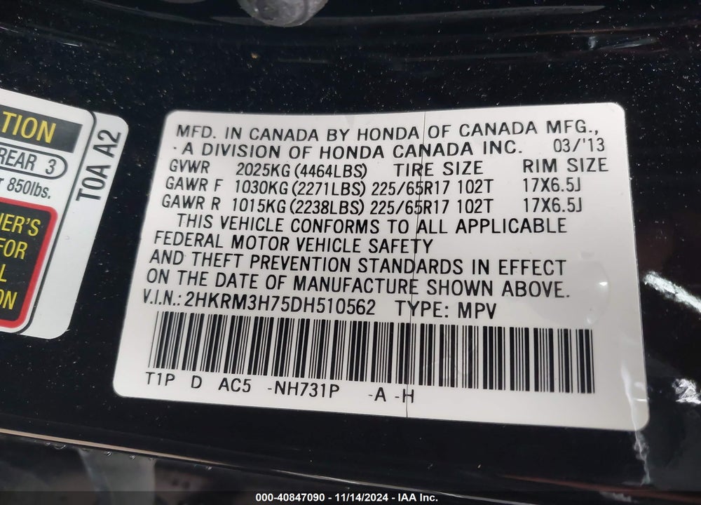 2013 HONDA CR-V EX-L VIN: 2HKRM3H75DH510562