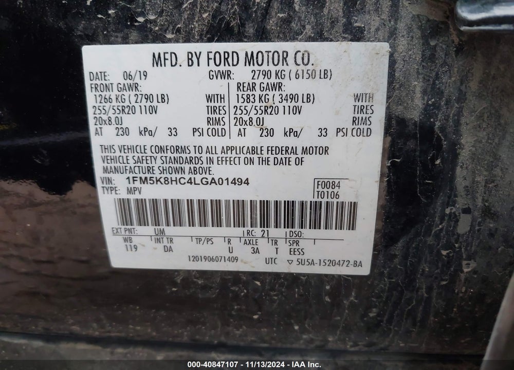 2020 FORD EXPLORER PLATINUM VIN: 1FM5K8HC4LGA01494