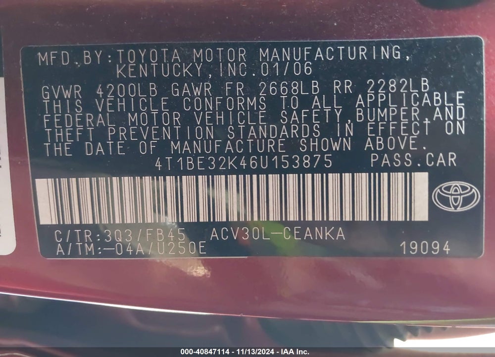2006 TOYOTA CAMRY LE VIN: 4T1BE32K46U153875