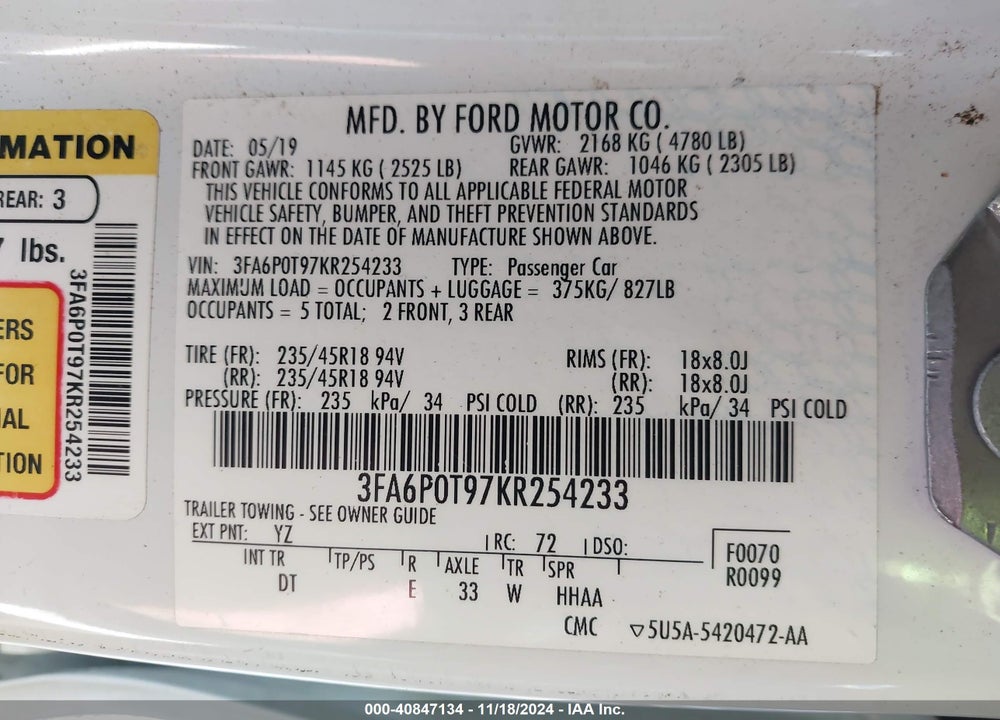 2019 FORD FUSION SE VIN: 3FA6P0T97KR254233