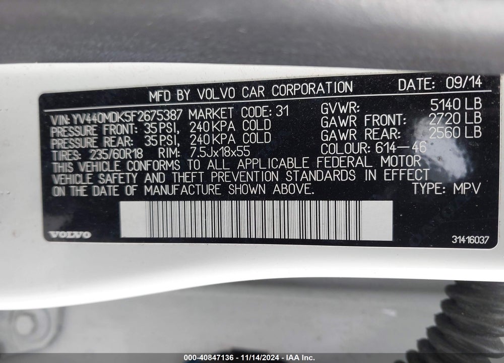 2015 VOLVO XC60 T5 PREMIER VIN: YV440MDK5F2675387