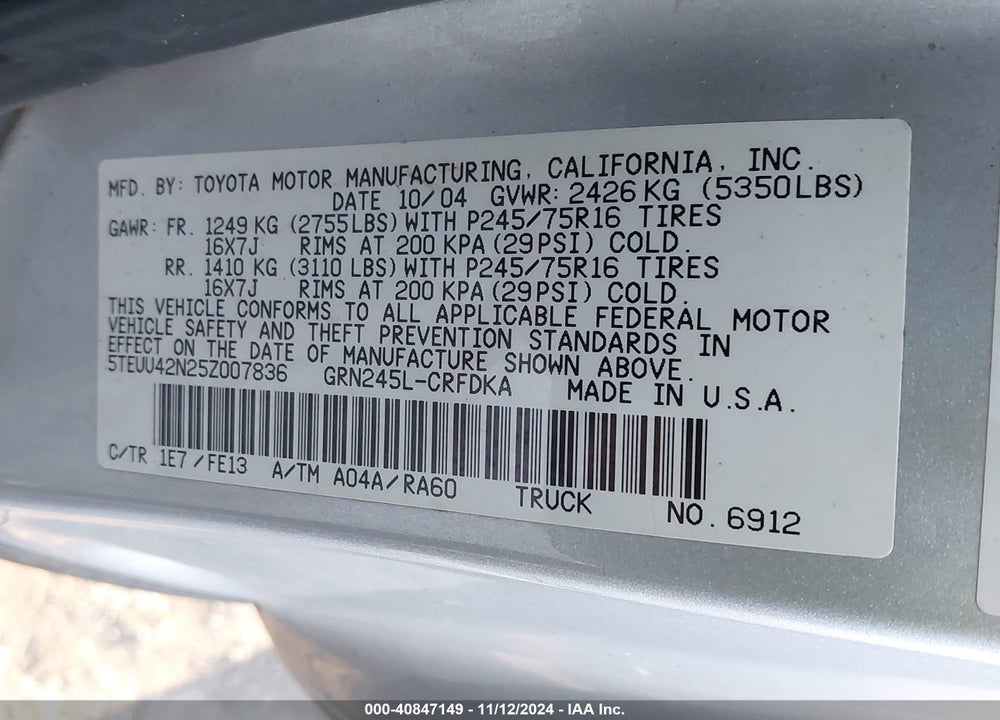 2005 TOYOTA TACOMA BASE V6 VIN: 5TEUU42N25Z007836