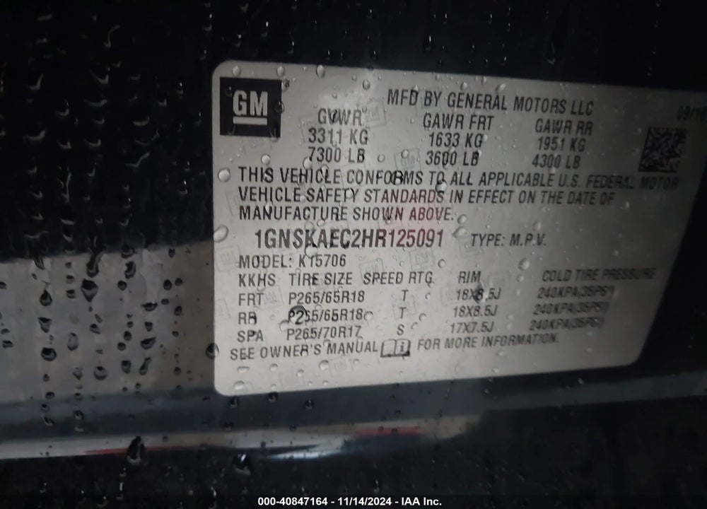 2017 CHEVROLET TAHOE LS VIN: 1GNSKAEC2HR125091