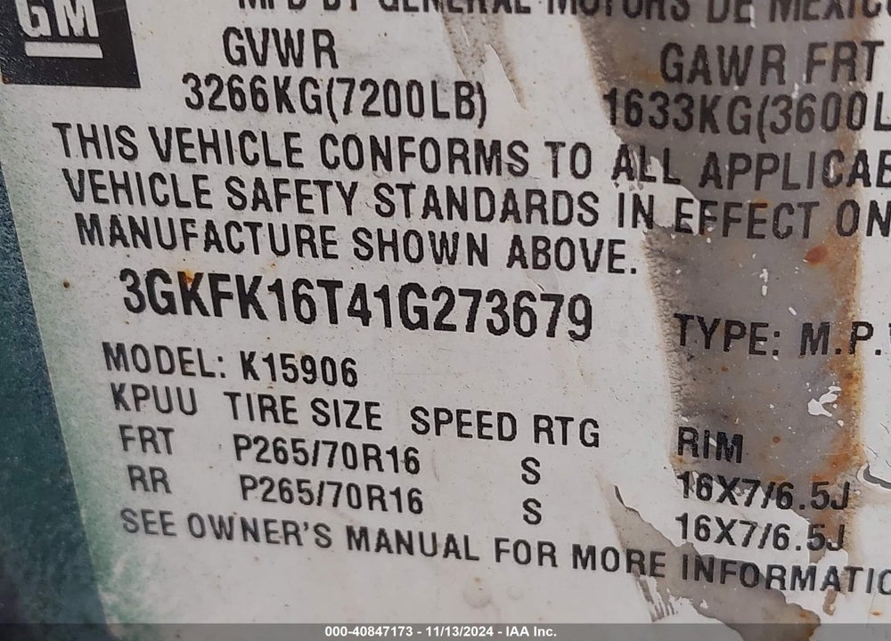 2001 GMC YUKON XL 1500 SLT VIN: 3GKFK16T41G273679