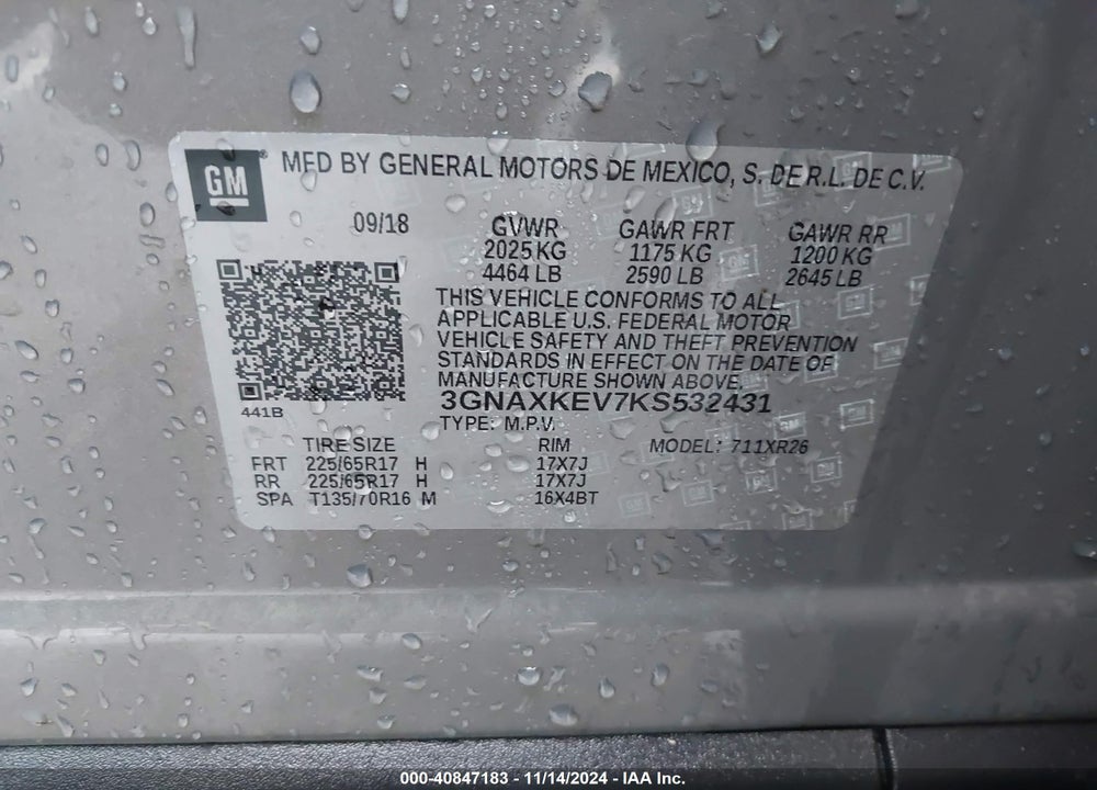 2019 CHEVROLET EQUINOX LT VIN: 3GNAXKEV7KS532431