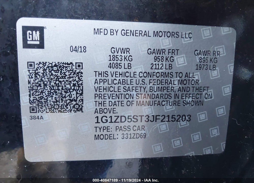 2018 CHEVROLET MALIBU LT VIN: 1G1ZD5ST3JF215203