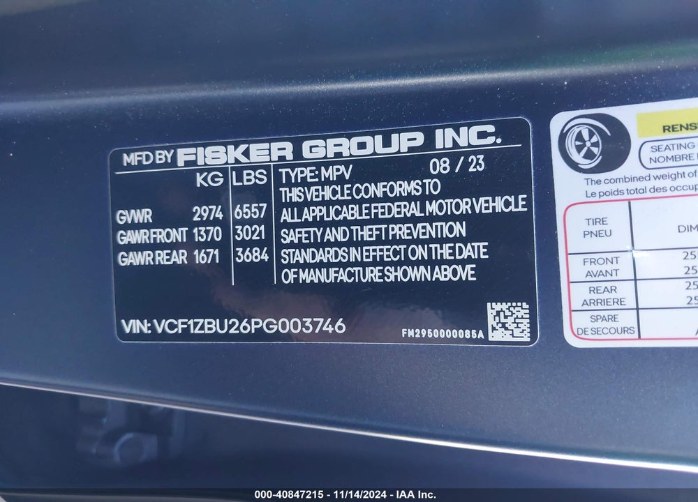 2023 FISKER OCEAN ONE VIN: VCF1ZBU26PG003746