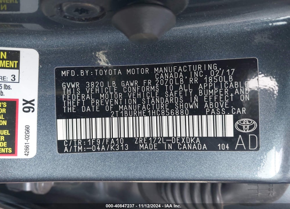 2017 TOYOTA COROLLA L VIN: 2T1BURHE1HC856880
