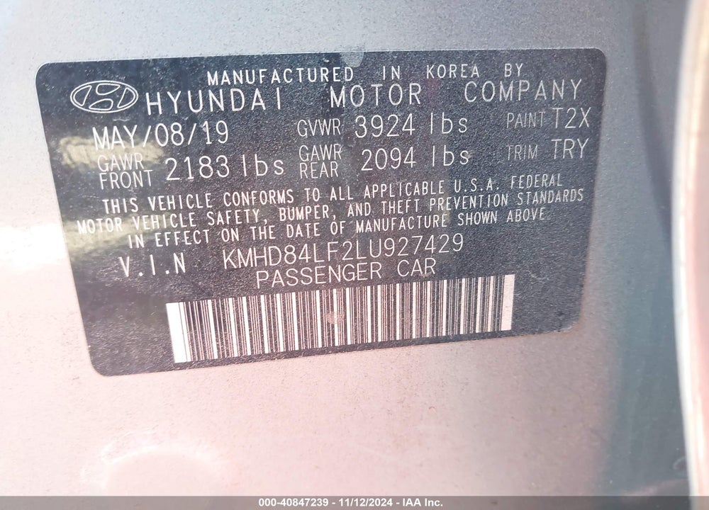 2020 HYUNDAI ELANTRA SEL VIN: KMHD84LF2LU927429