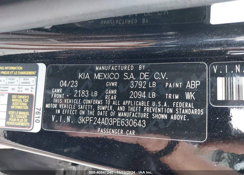 2023 KIA FORTE VIN: 3KPF24AD3PE630643
