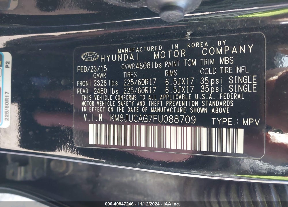2015 HYUNDAI TUCSON SE VIN: KM8JUCAG7FU088709