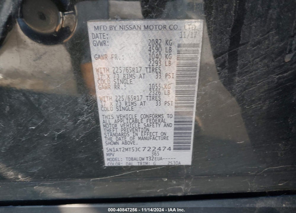 2018 NISSAN ROGUE SV VIN: 5N1AT2MT5JC722474