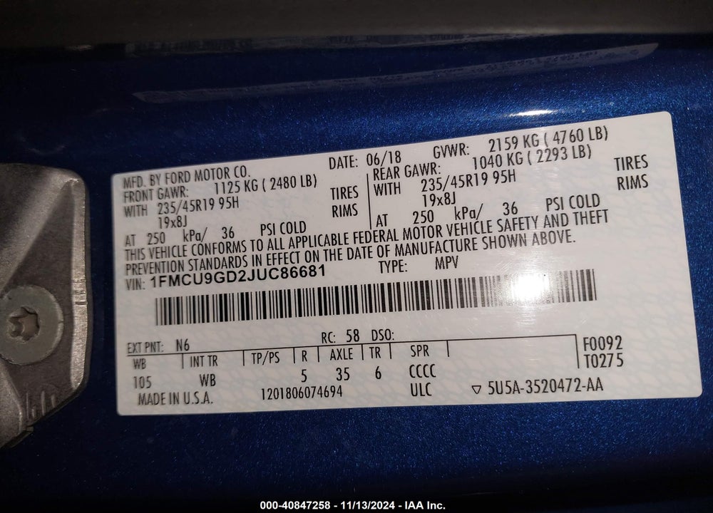 2018 FORD ESCAPE VIN: 1FMCU9GD2JUC86681