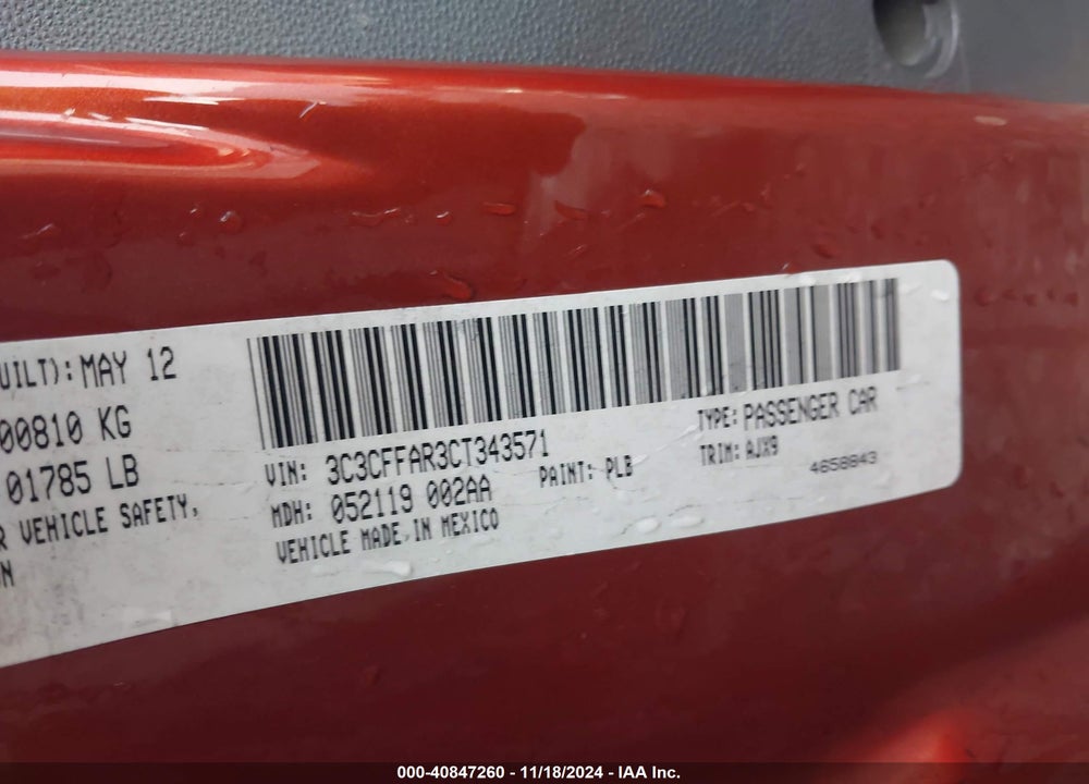 2012 FIAT 500 VIN: 3C3CFFAR3CT343571