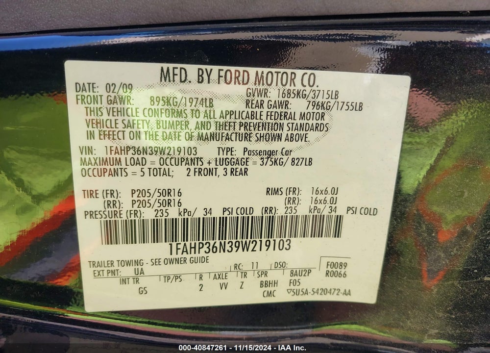 2009 FORD FOCUS SES VIN: 1FAHP36N39W219103