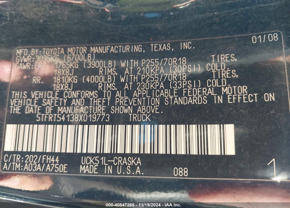 2008 TOYOTA TUNDRA BASE 4.7L V8 VIN: 5TFRT54138X019773