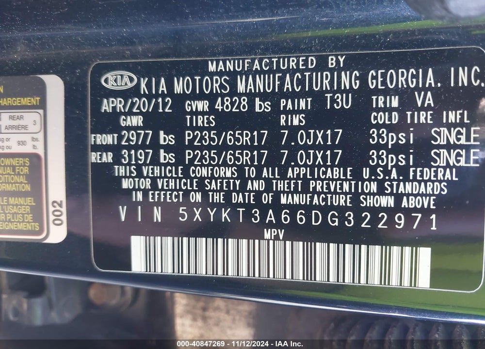 2013 KIA SORENTO LX VIN: 5XYKT3A66DG322971