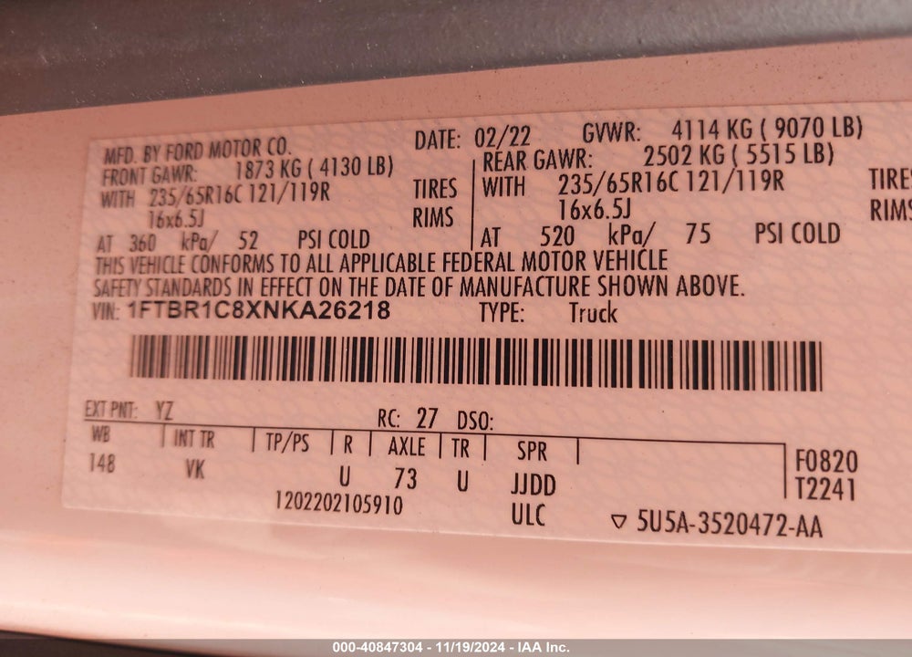 2022 FORD TRANSIT-250 CARGO VAN VIN: 1FTBR1C8XNKA26218