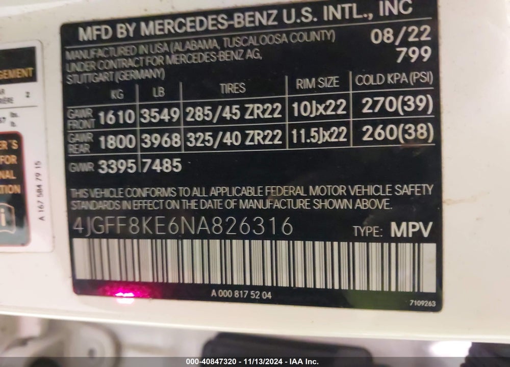 2022 MERCEDES-BENZ AMG GLS 63 4MATIC VIN: 4JGFF8KE6NA826316