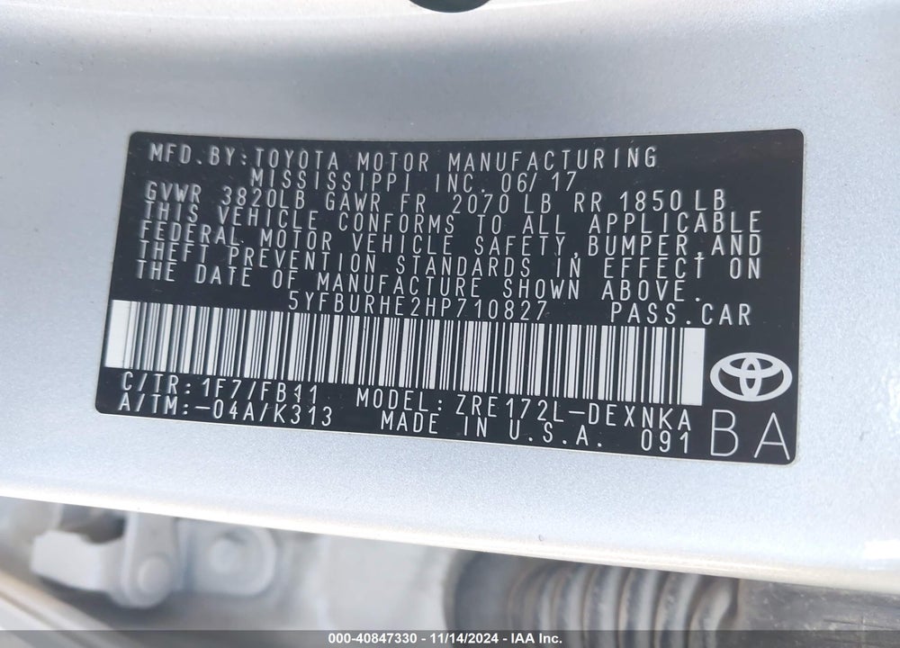 2017 TOYOTA COROLLA LE VIN: 5YFBURHE2HP710827