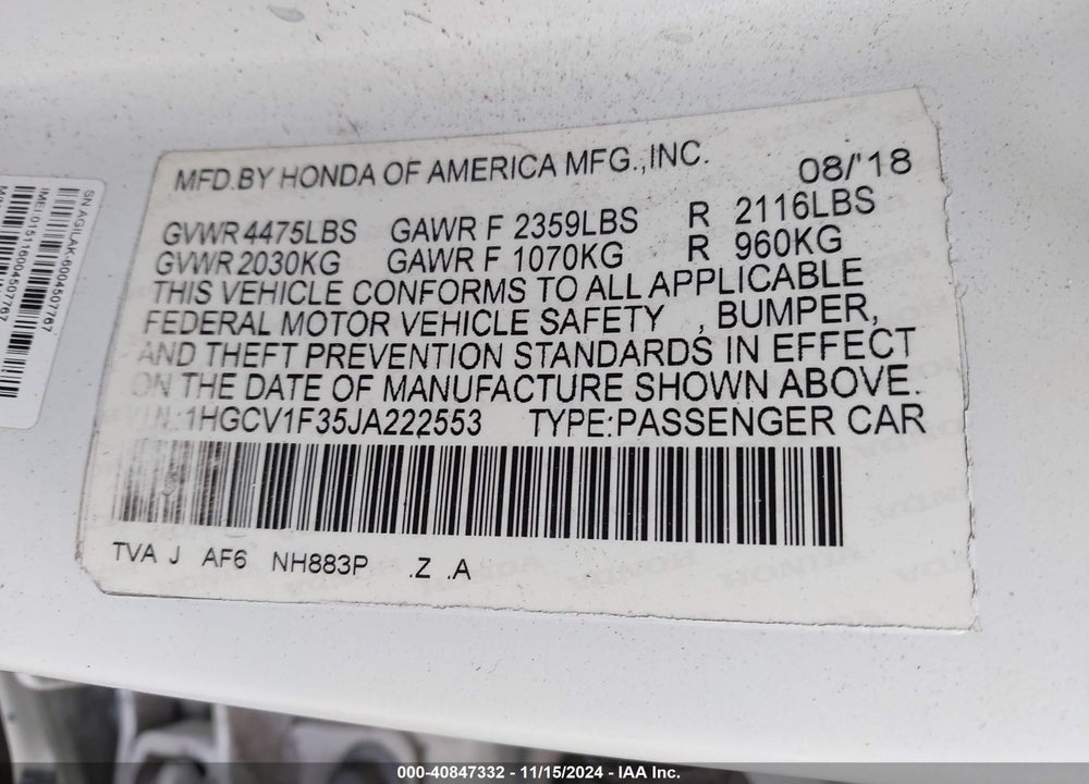 2018 HONDA ACCORD SPORT VIN: 1HGCV1F35JA222553