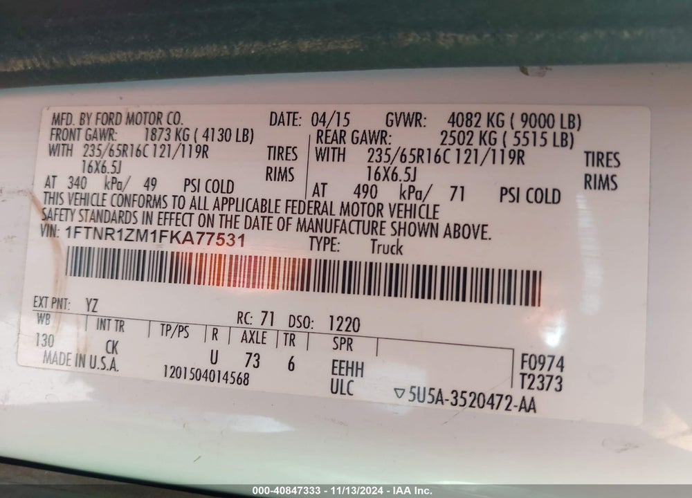 2015 FORD TRANSIT-250 VIN: 1FTNR1ZM1FKA77531