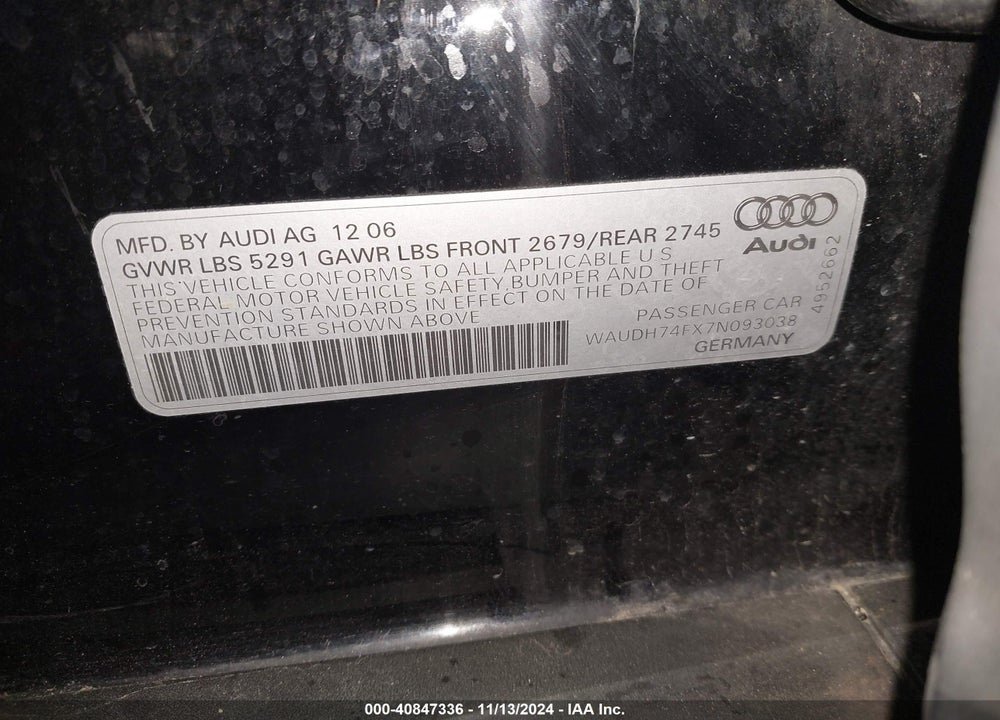 2007 AUDI A6 3.2 VIN: WAUDH74FX7N093038
