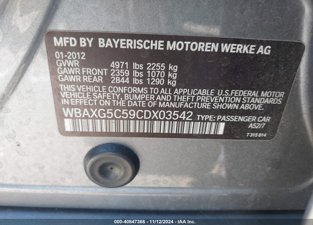 2012 BMW 528I VIN: WBAXG5C59CDX03542