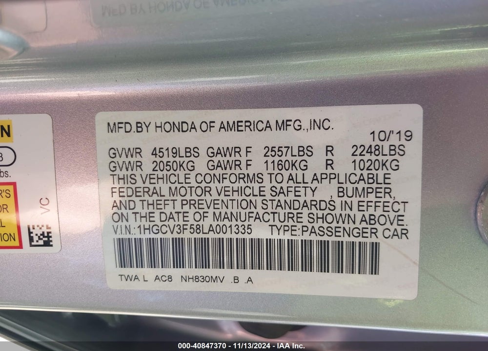 2020 HONDA ACCORD VIN: 1HGCV3F58LA001335