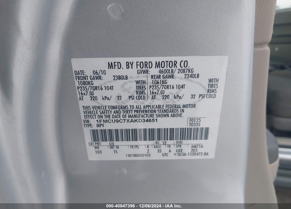 2010 FORD ESCAPE XLS VIN: 1FMCU9C7XAKD34651