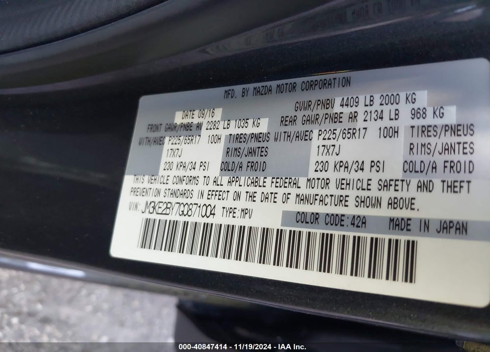 2016 MAZDA CX-5 SPORT VIN: JM3KE2BY7G0871004