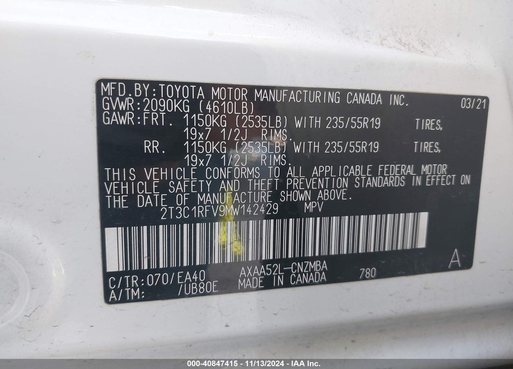 2021 TOYOTA RAV4 XLE PREMIUM VIN: 2T3C1RFV9MW142429