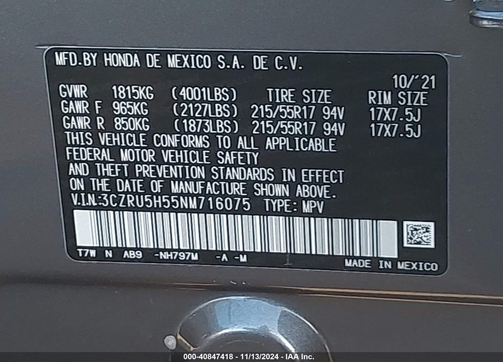 2022 HONDA HR-V 2WD EX VIN: 3CZRU5H55NM716075