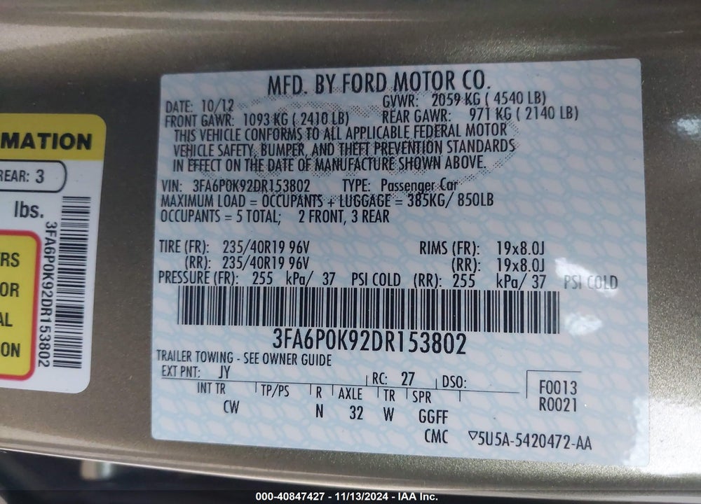 2013 FORD FUSION TITANIUM VIN: 3FA6P0K92DR153802