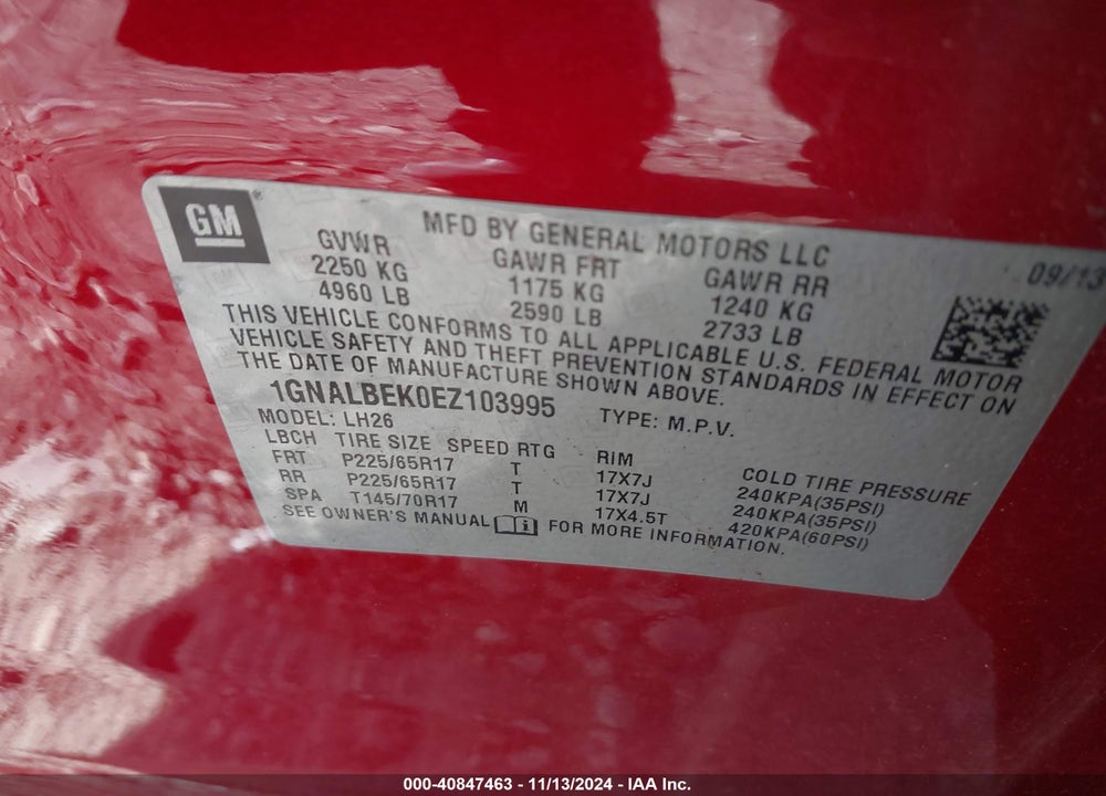 2014 CHEVROLET EQUINOX 1LT VIN: 1GNALBEK0EZ103995