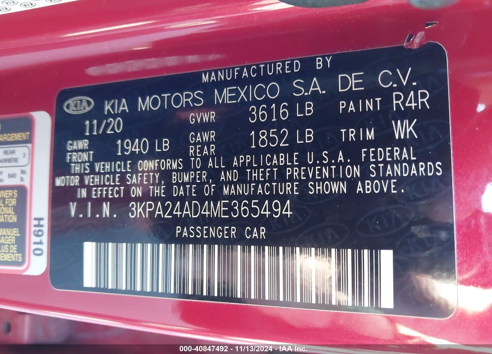 2021 KIA RIO S VIN: 3KPA24AD4ME365494