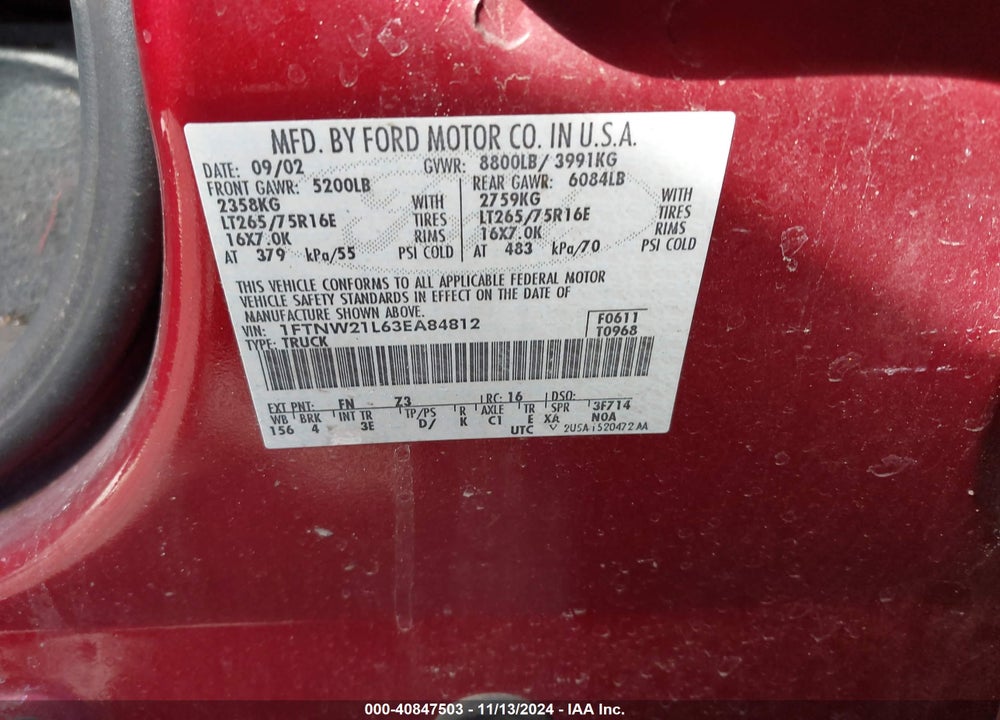 2003 FORD F-250 VIN: 1FTNW21L63EA84812